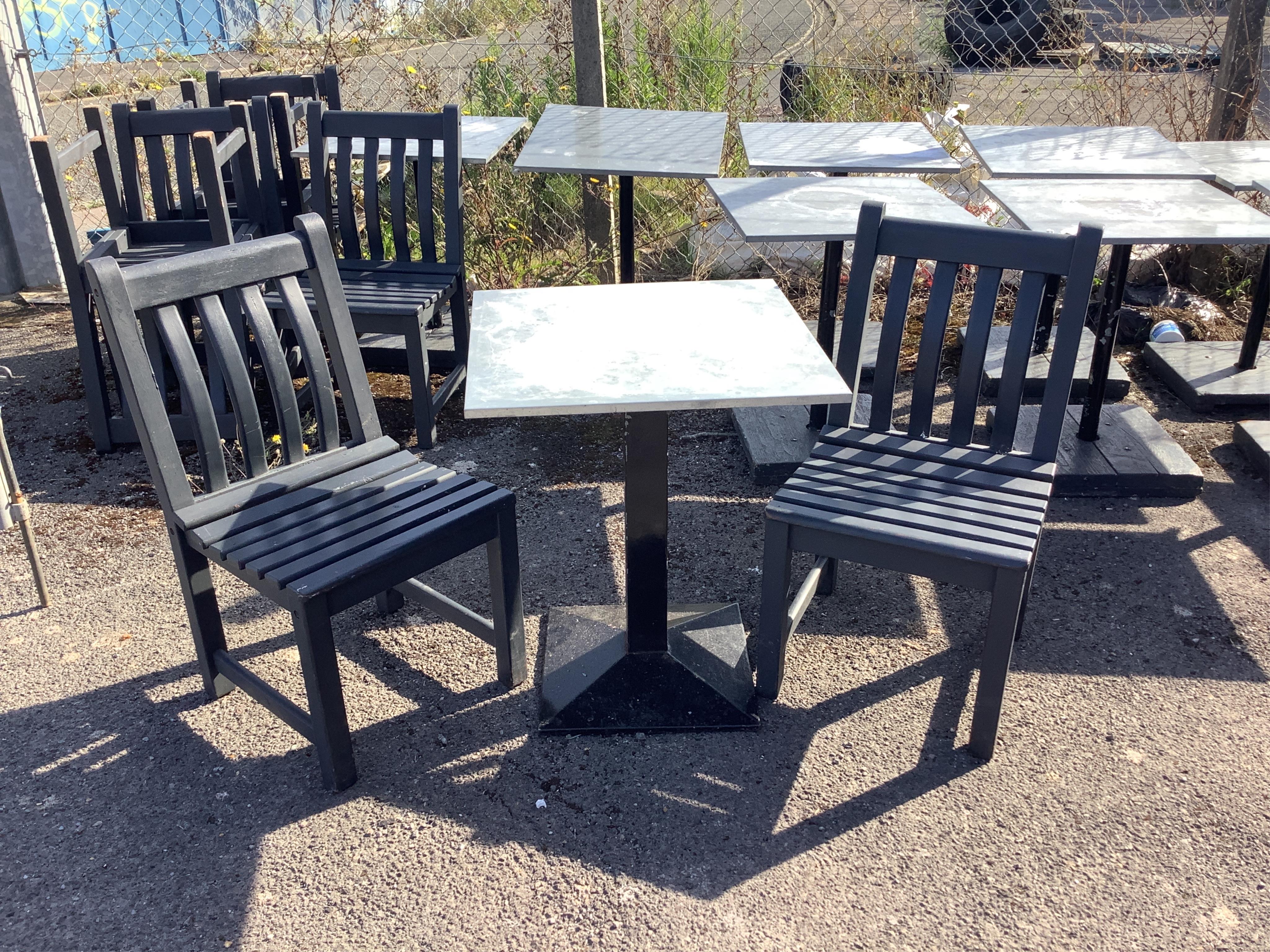 Ten square zinc top tables, 60cm, height 72cm, together with eleven painted teak garden chairs, width 46cm, height 88cm. Condition - fair